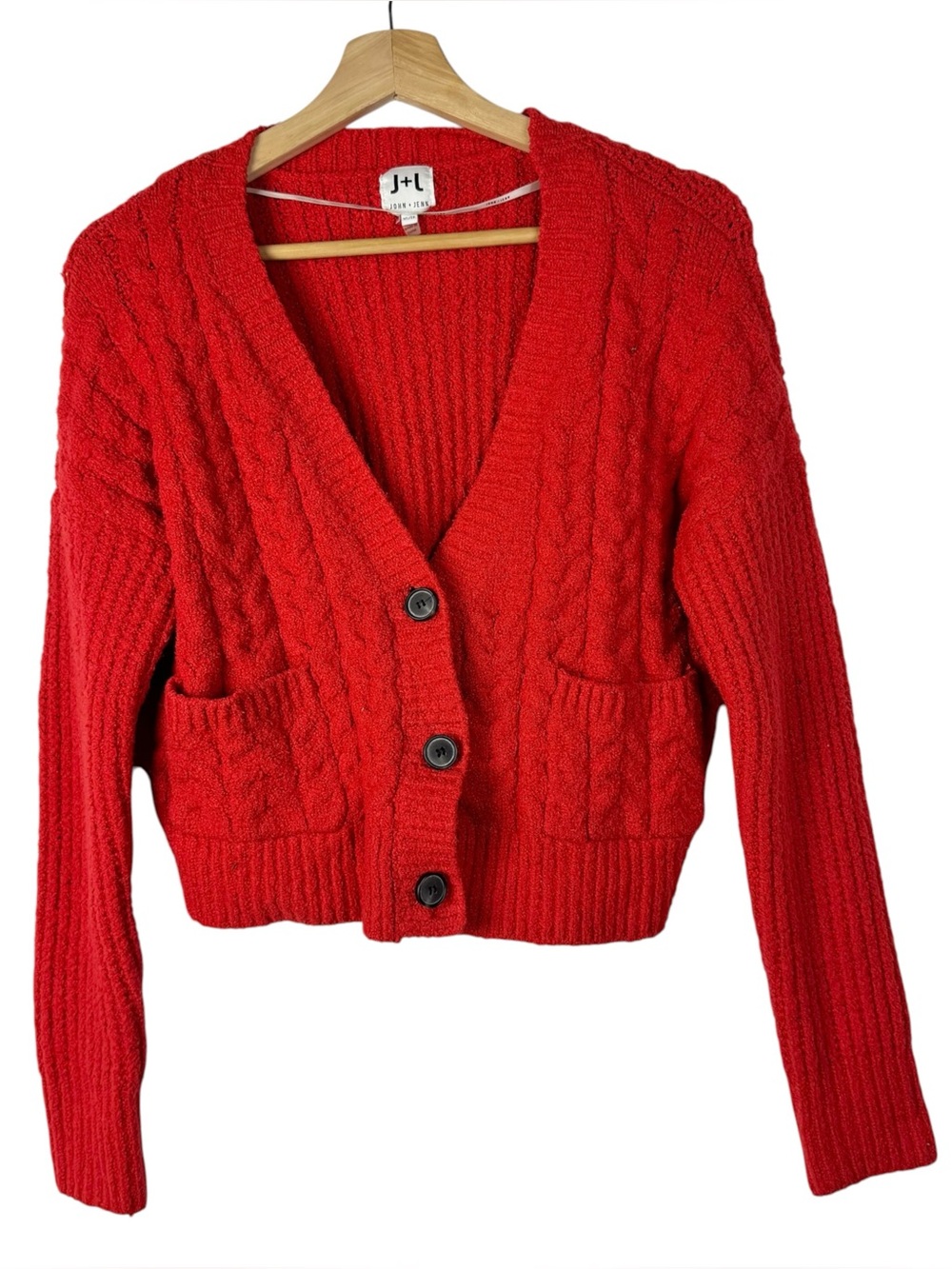 John + Jenn Red Cable Knit Cropped Cardigan Sweater XS